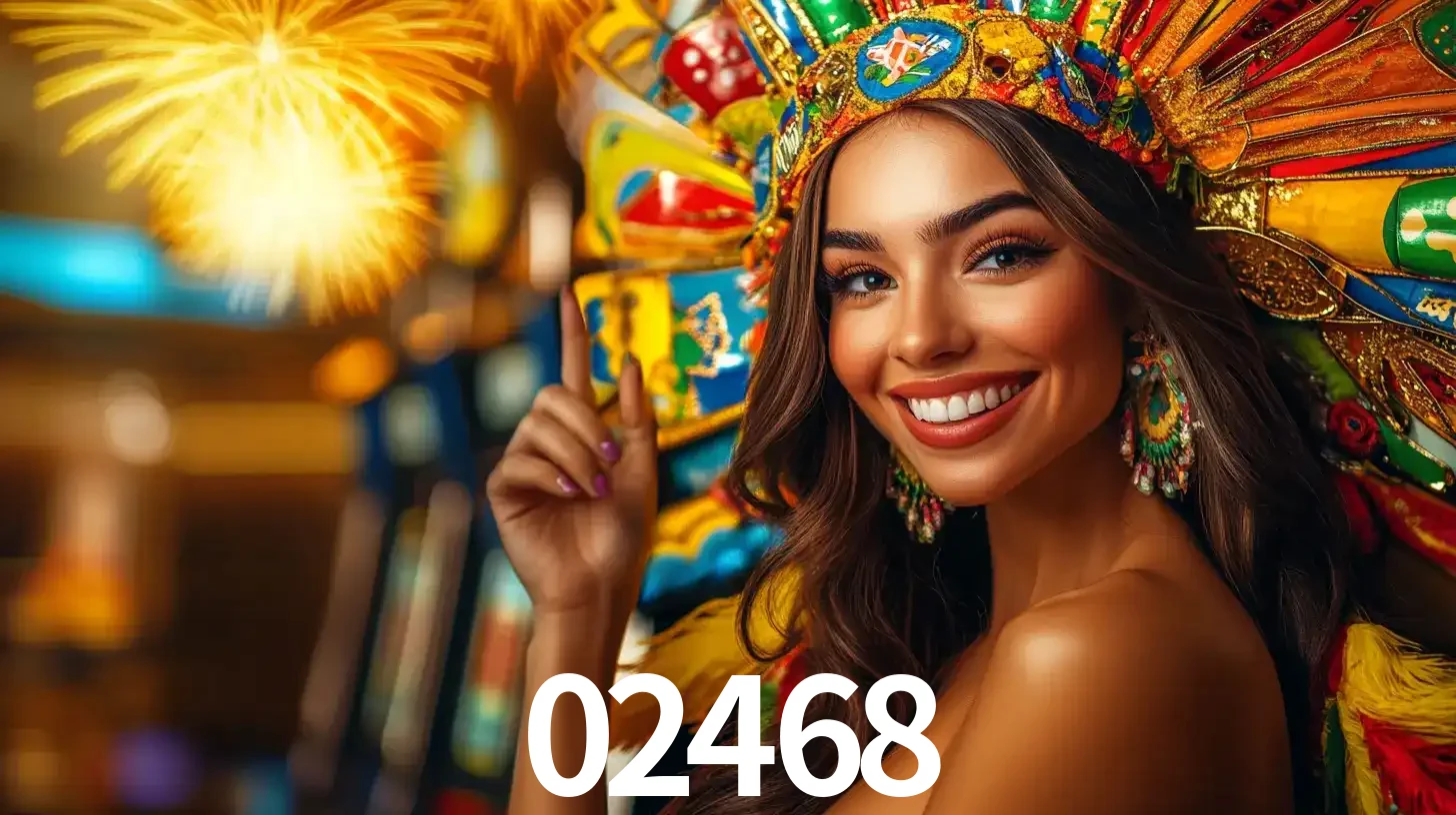 Mulher sorridente com um cocar de carnaval vibrante e colorido, celebrando uma grande vitória nos jogos do cassino 02468 com fogos de artifício ao fundo.