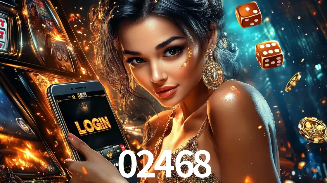 Mulher glamourosa segurando um celular com a tela de login do cassino 02468, rodeada por dados e moedas douradas, pronta para começar a diversão.