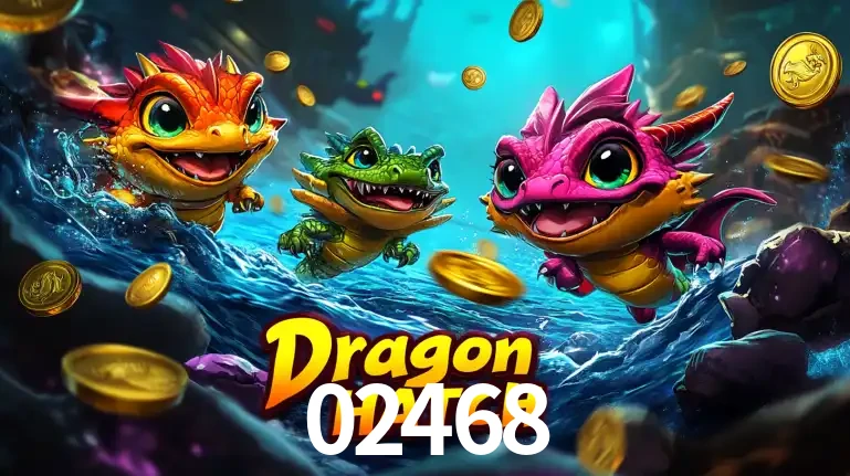 Arte promocional do jogo Dragon Hatch com três adoráveis dragões bebês nadando entre moedas de ouro, um dos slots mais divertidos para jogar no cassino 02468.
