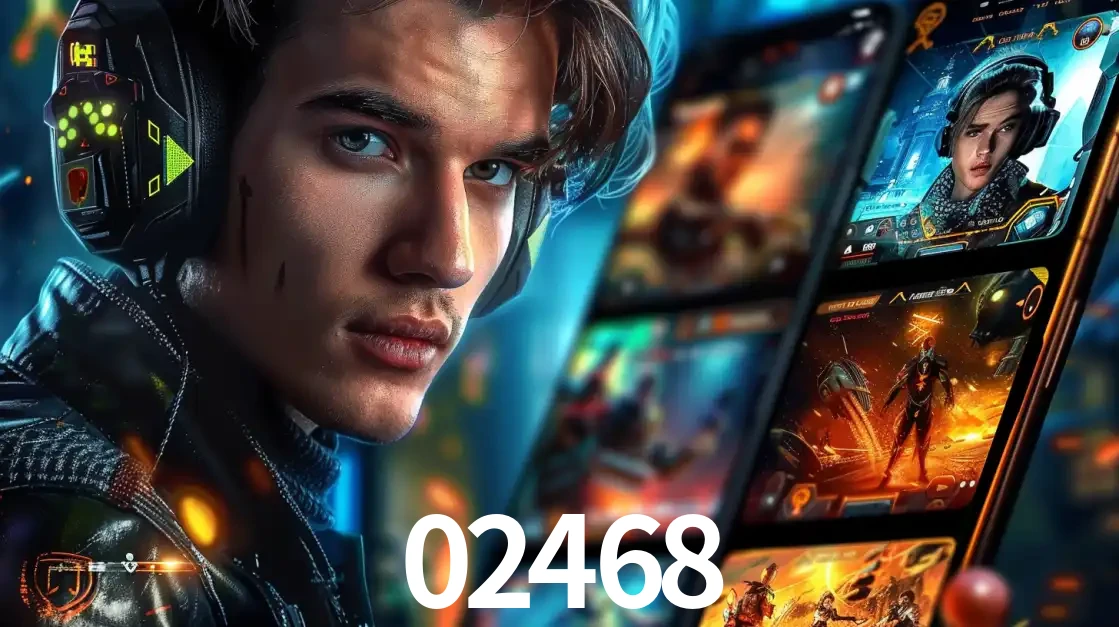 Jovem jogador com fones de ouvido olhando para a câmera, com um aplicativo de jogos e e-sports para celular ao fundo, pronto para a competição e apostas no 02468.