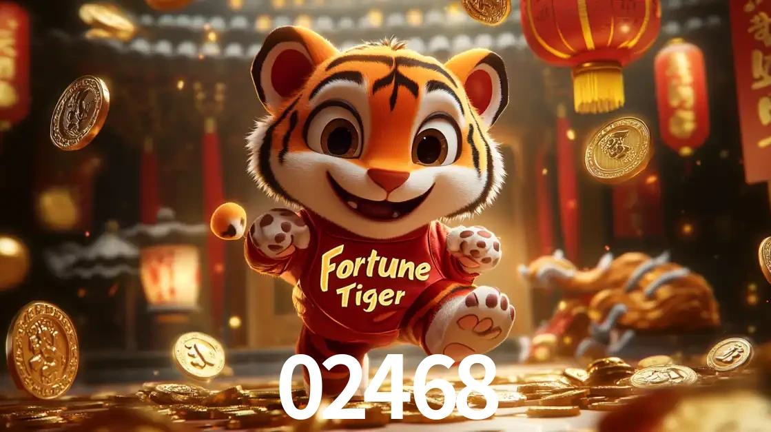O alegre personagem do Fortune Tiger correndo sobre um caminho de moedas de ouro, simbolizando os grandes prêmios e a diversão do popular jogo de slot do 02468.