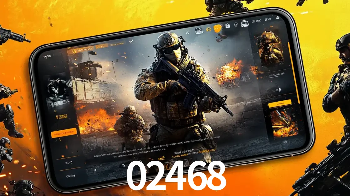Um smartphone exibindo a interface de um jogo de tiro em primeira pessoa, com um soldado em um cenário de batalha, representando a ação dos e-sports para apostar no 02468.