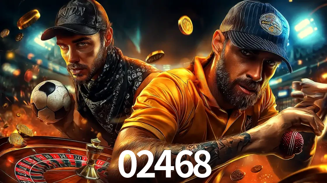 Montagem de apostas esportivas e cassino no 02468, com um homem segurando uma bola de futebol e outro uma de beisebol sobre uma roleta e moedas voadoras.