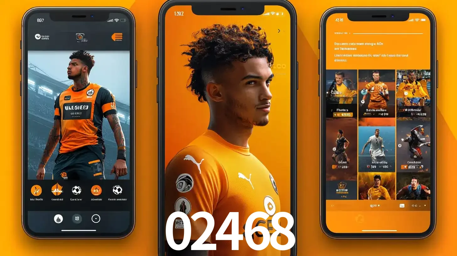 Interface do aplicativo de apostas esportivas 02468 em três telas de celular, mostrando o perfil de um jogador de futebol e a lista de jogos disponíveis para apostar.