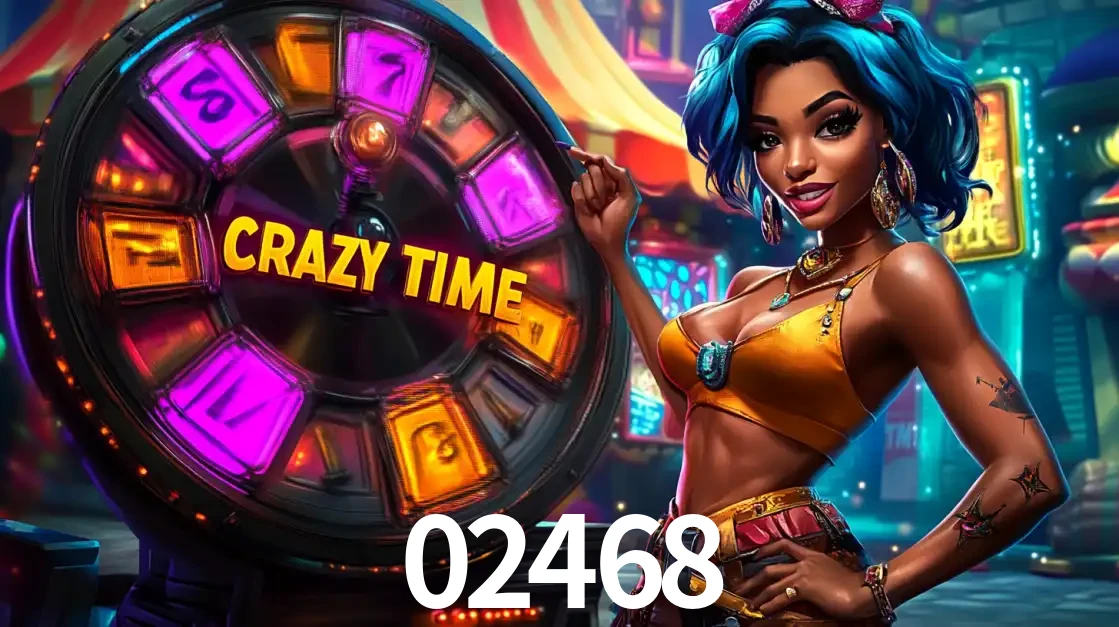 Mulher estilizada com cabelo azul e visual vibrante posando ao lado da roda de prêmios do game show Crazy Time, convidando para a diversão e os bônus do cassino 02468.