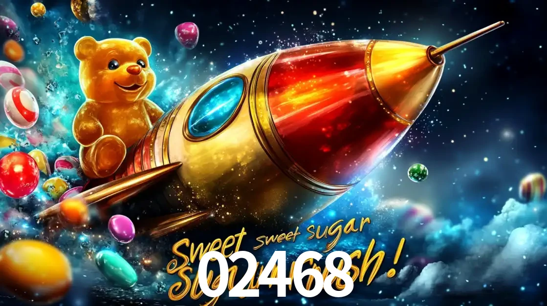 Arte promocional do jogo de slot Sugar Rush, com um urso de pelúcia em um foguete viajando pelo espaço de doces, um dos jogos divertidos disponíveis no cassino 02468.