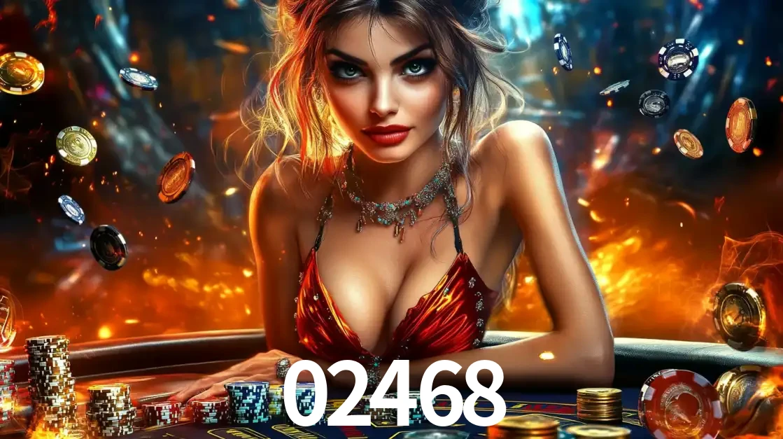 Mulher em uma mesa de cassino com pilhas de fichas e um fundo de fogo, pronta para uma rodada de altas apostas nos jogos de mesa emocionantes do cassino 02468.