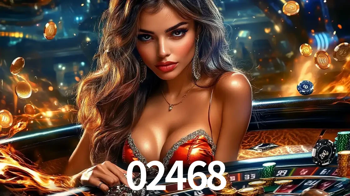 Mulher glamourosa em uma mesa de roleta com um fundo de chamas e moedas voadoras, pronta para fazer sua aposta e ganhar grandes prêmios no cassino ao vivo 02468.