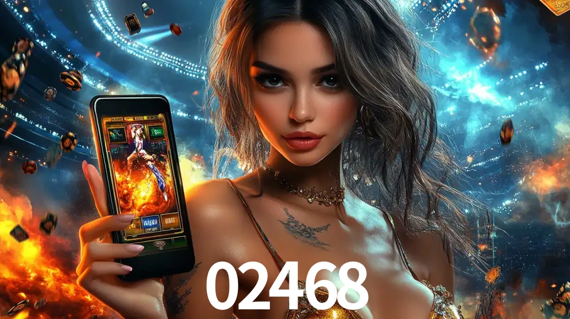 Mulher segurando um celular com um jogo de slot em destaque, tendo como fundo um estádio vibrante, simbolizando a emoção de jogar no cassino móvel 02468.
