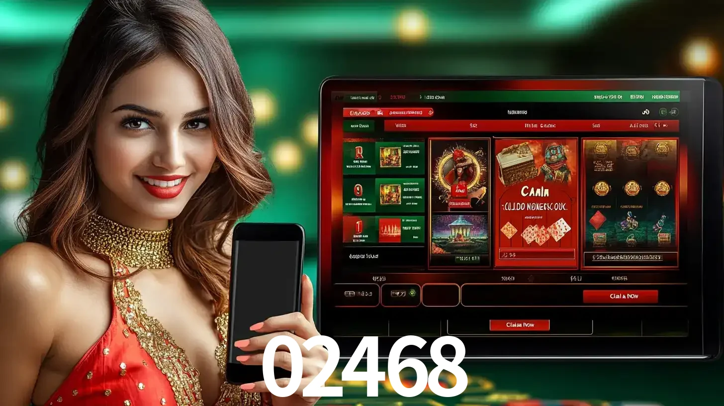Mulher sorridente segurando um smartphone, ao lado de uma tela exibindo o lobby de jogos do cassino online 02468, com várias opções de jogos de cartas e slots.